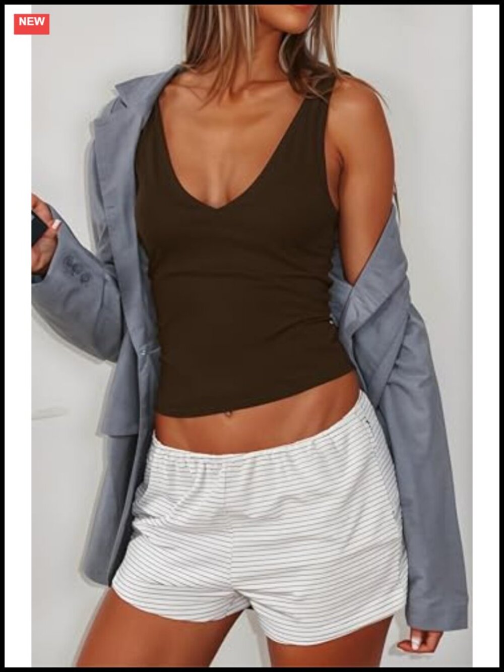 Women's Sleeveless V Neck Crop Tank Top Double Layer Casual Basic Workout Top - Picture 2 of 3